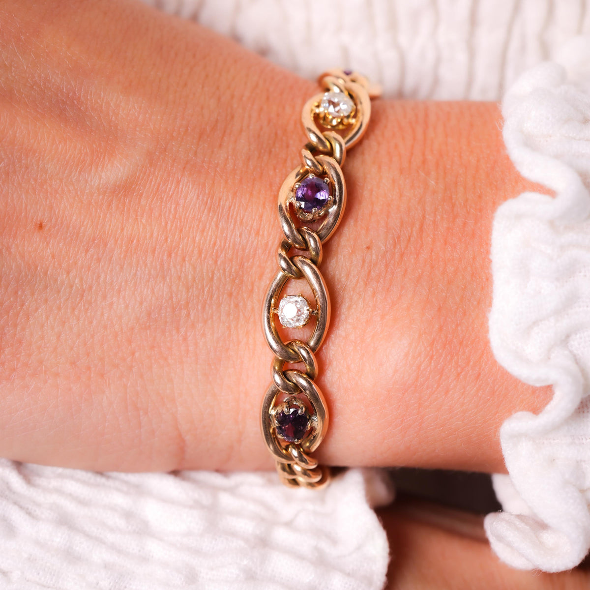 Victorian Purple Sapphire Diamond 15K Yellow Gold Bracelet