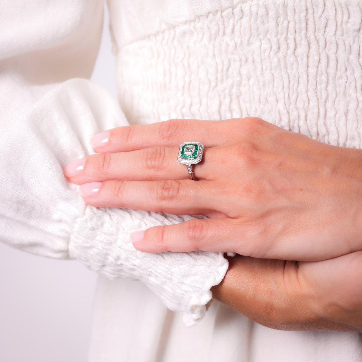 Art Deco Style Diamond Emerald Platinum Square Halo Ring