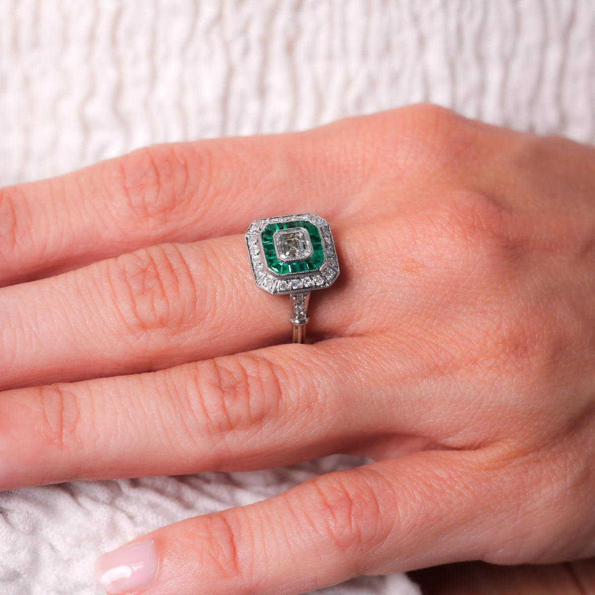 Art Deco Style Diamond Emerald Platinum Square Halo Ring