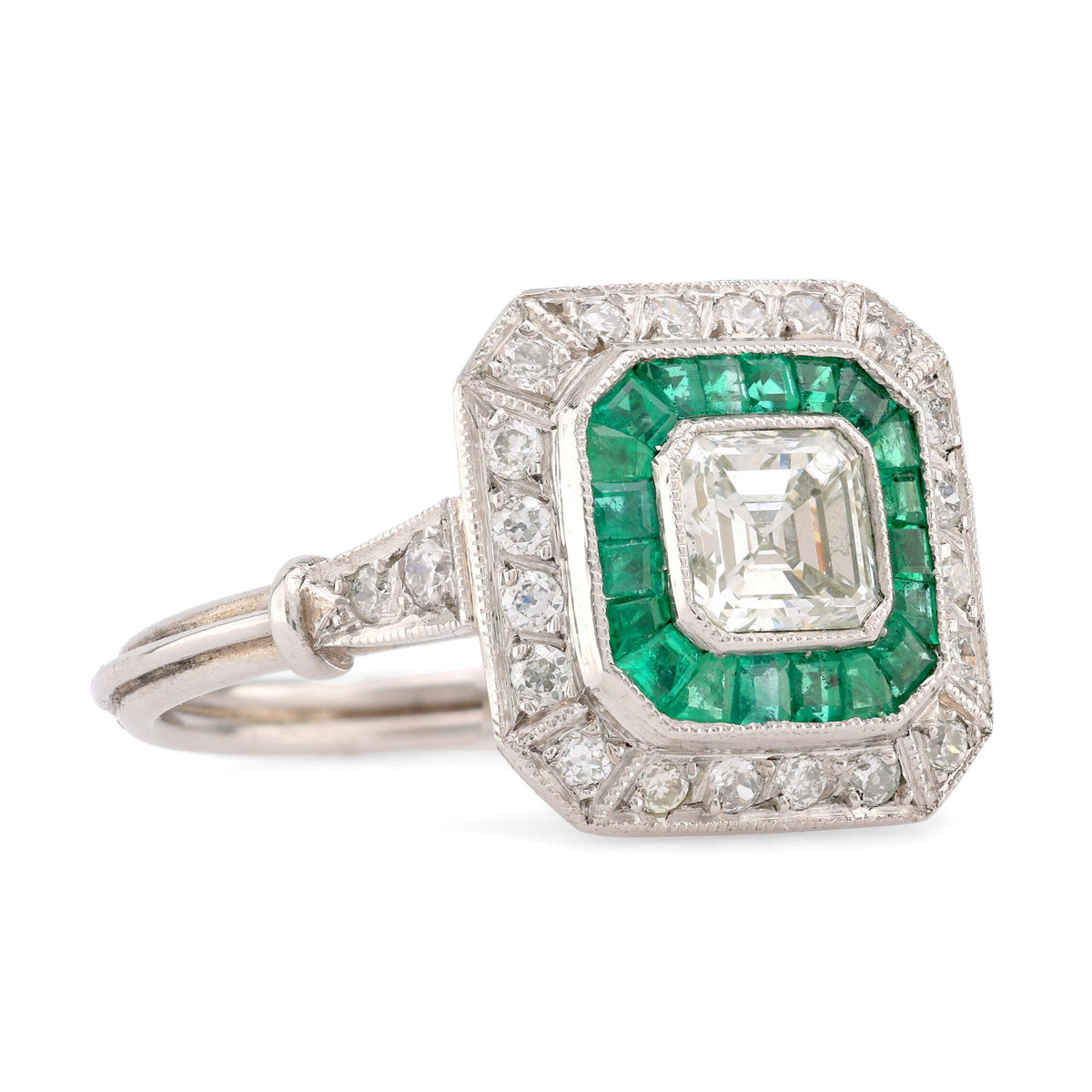 Art Deco Style Diamond Emerald Platinum Square Halo Ring