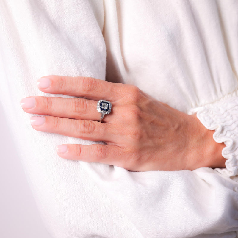 Art Deco Style Diamond Sapphire Platinum Square Halo Ring