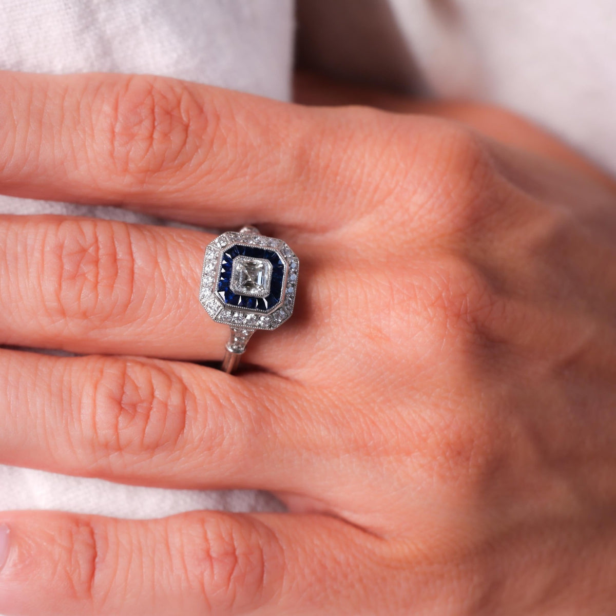 Art Deco Style Diamond Sapphire Platinum Square Halo Ring