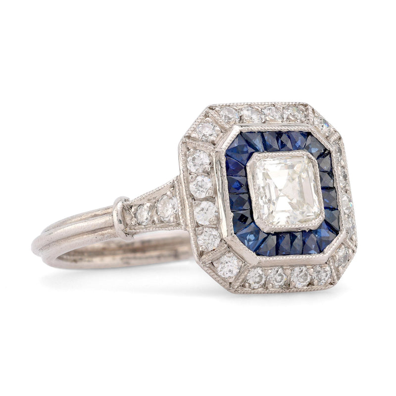 Art Deco Style Diamond Sapphire Platinum Square Halo Ring