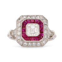 Art Deco Style Diamond Ruby Platinum Square Halo Ring