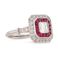 Art Deco Style Diamond Ruby Platinum Square Halo Ring