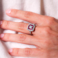 Art Deco Style Diamond Ruby Platinum Square Halo Ring