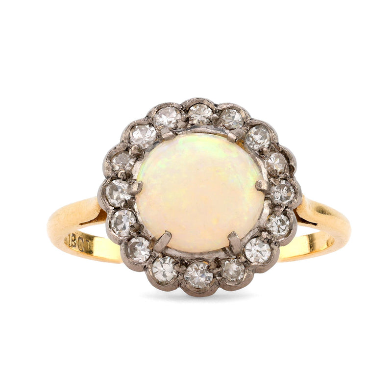 Edwardian Cabochon Cut Opal Diamond 18K Yellow Gold Cluster Ring