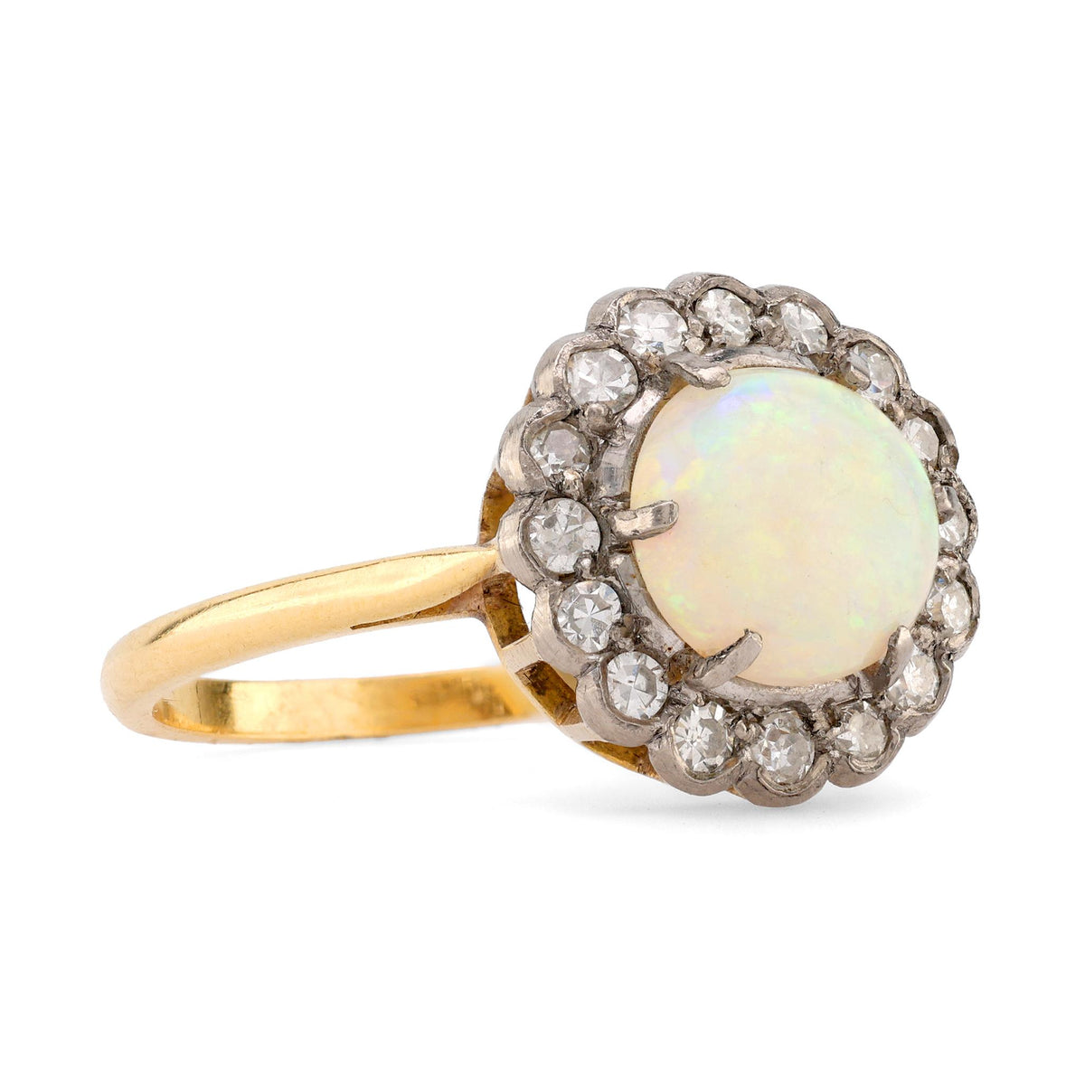 Edwardian Cabochon Cut Opal Diamond 18K Yellow Gold Cluster Ring