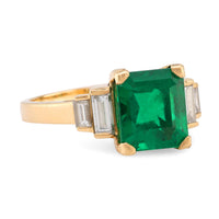 Vintage French GIA 3 Carat Emerald Diamond 18K Yellow Gold Ring