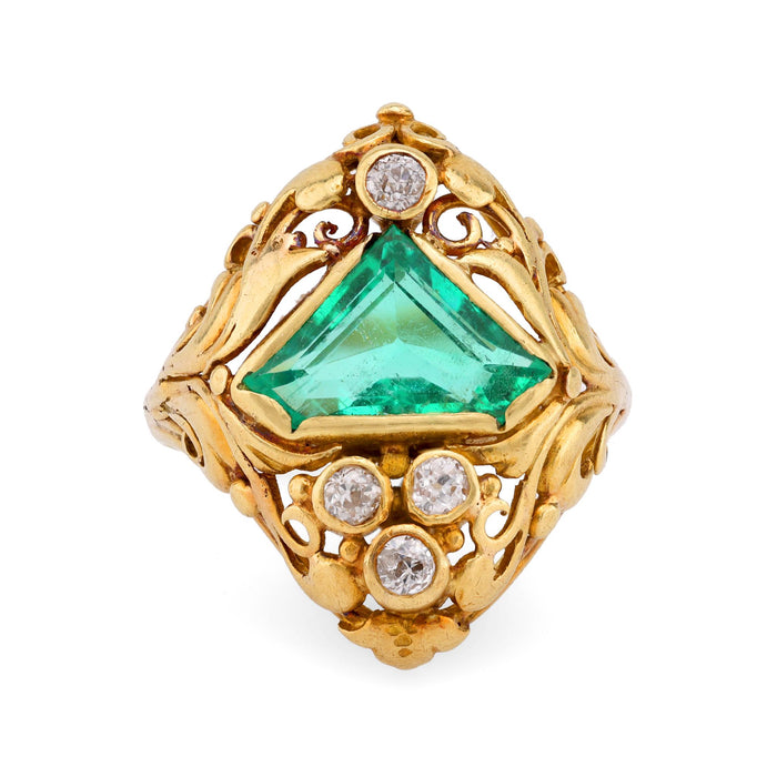 Antique GIA 1.95 Carat Shield Cut Emerald Diamond 18K Yellow Gold Scroll Ring