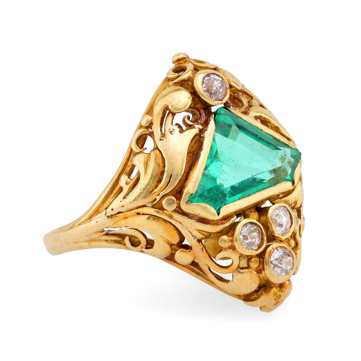 Antique GIA 1.95 Carat Shield Cut Emerald Diamond 18K Yellow Gold Scroll Ring