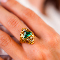 Antique GIA 1.95 Carat Shield Cut Emerald Diamond 18K Yellow Gold Scroll Ring