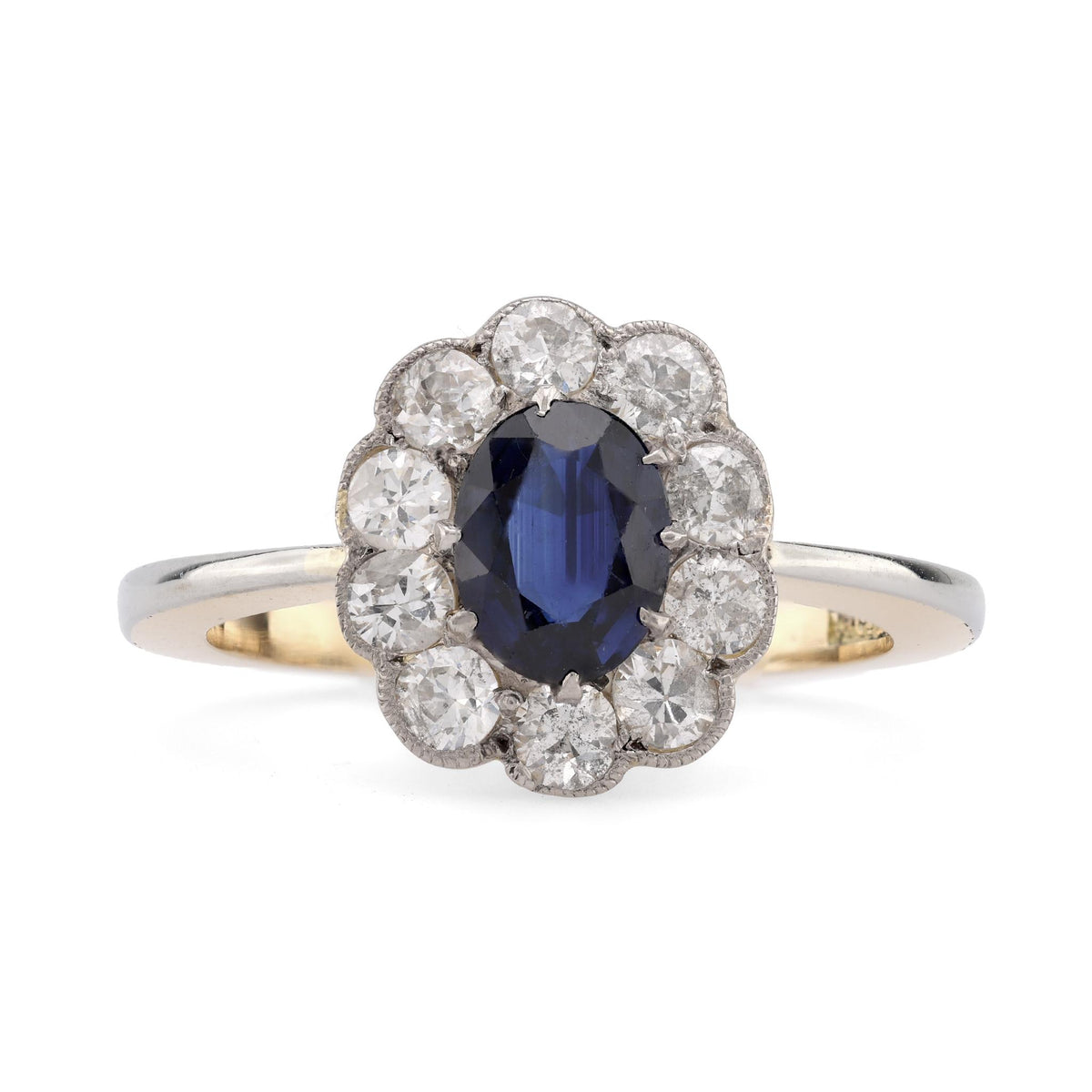 Edwardian Style Sapphire Diamond 18K Yellow Gold Cluster Ring