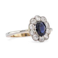 Edwardian Style Sapphire Diamond 18K Yellow Gold Cluster Ring