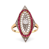 Edwardian Diamond Ruby 18K Yellow and White Gold Navette Ring