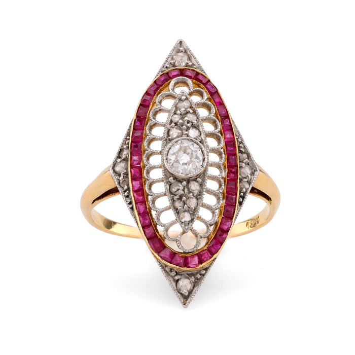 Edwardian Diamond Ruby 18K Yellow and White Gold Navette Ring