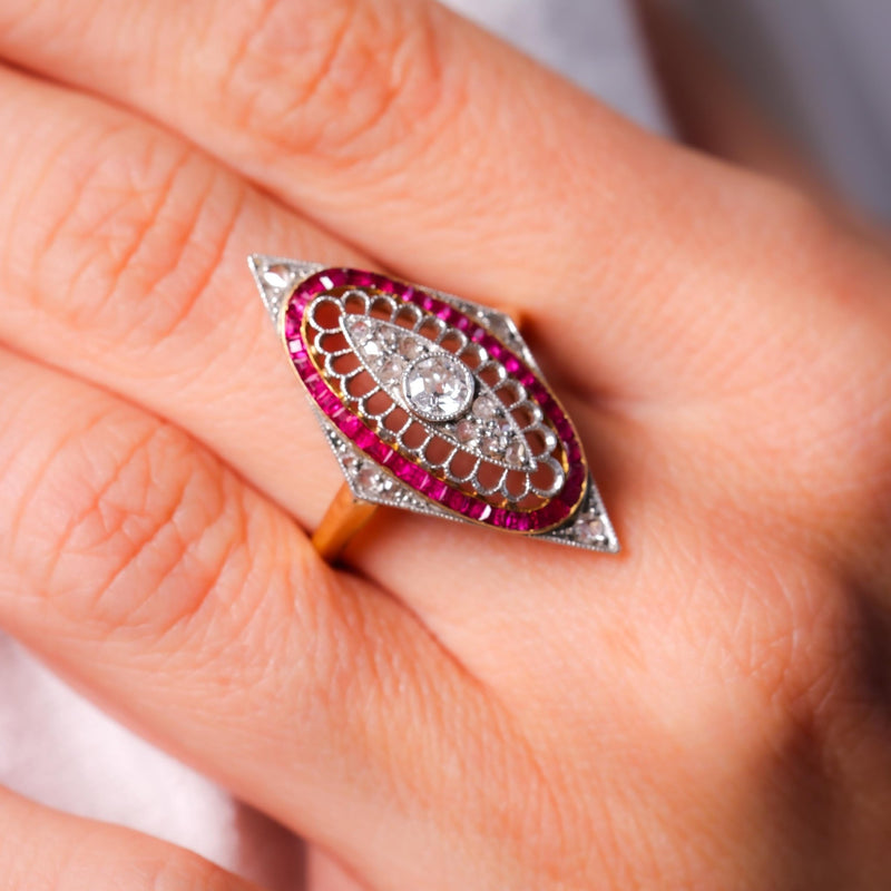 Edwardian Diamond Ruby 18K Yellow and White Gold Navette Ring