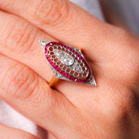 Edwardian Diamond Ruby 18K Yellow and White Gold Navette Ring