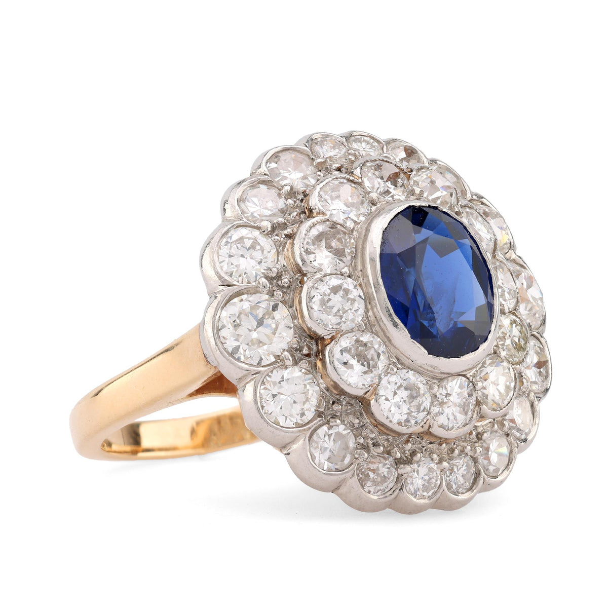 Edwardian Oval Cut Sapphire Diamond 14K Yellow Gold Cluster Ring