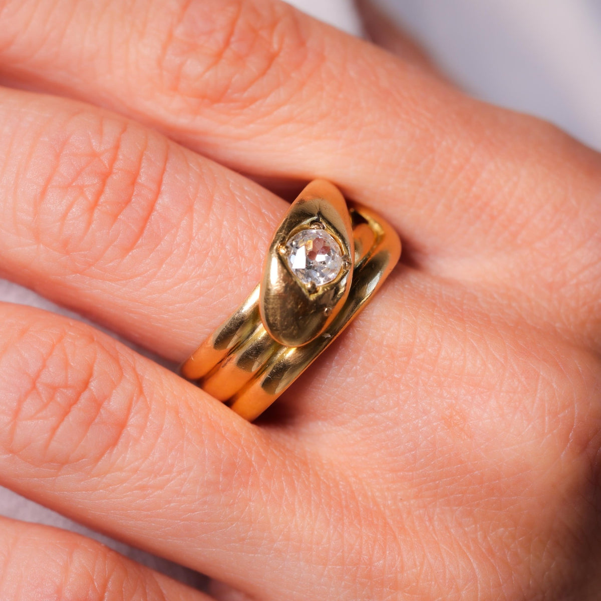 Victorian Old Mine Cut Diamond 18K Yellow Gold Snake Ring