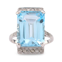 Mid Century French 12 Carat Aquamarine Diamond 18K White Gold Cocktail Ring