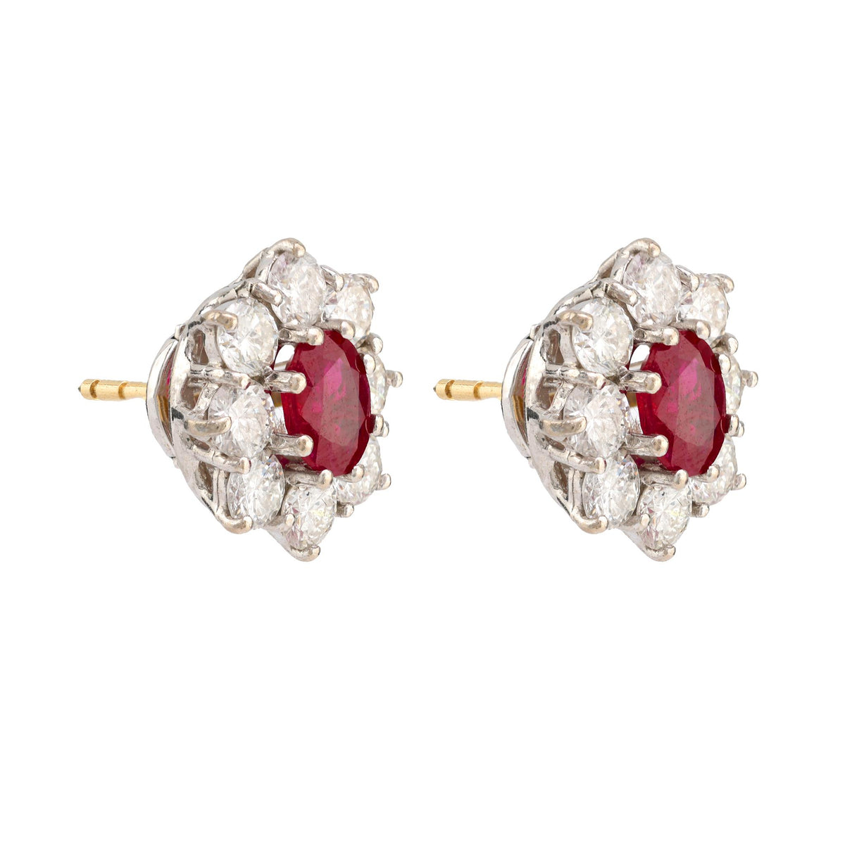 Vintage GIA Burma Ruby Diamond 18K White and Yellow Gold Cluster Earrings