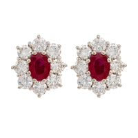 Vintage GIA Burma Ruby Diamond 18K White and Yellow Gold Cluster Earrings