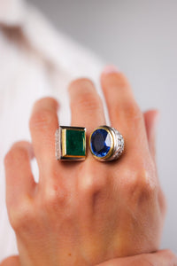 GIA 10 Carat Sapphire GIA 5.3 Carat Emerald Diamond 18K Yellow Gold Large Ring