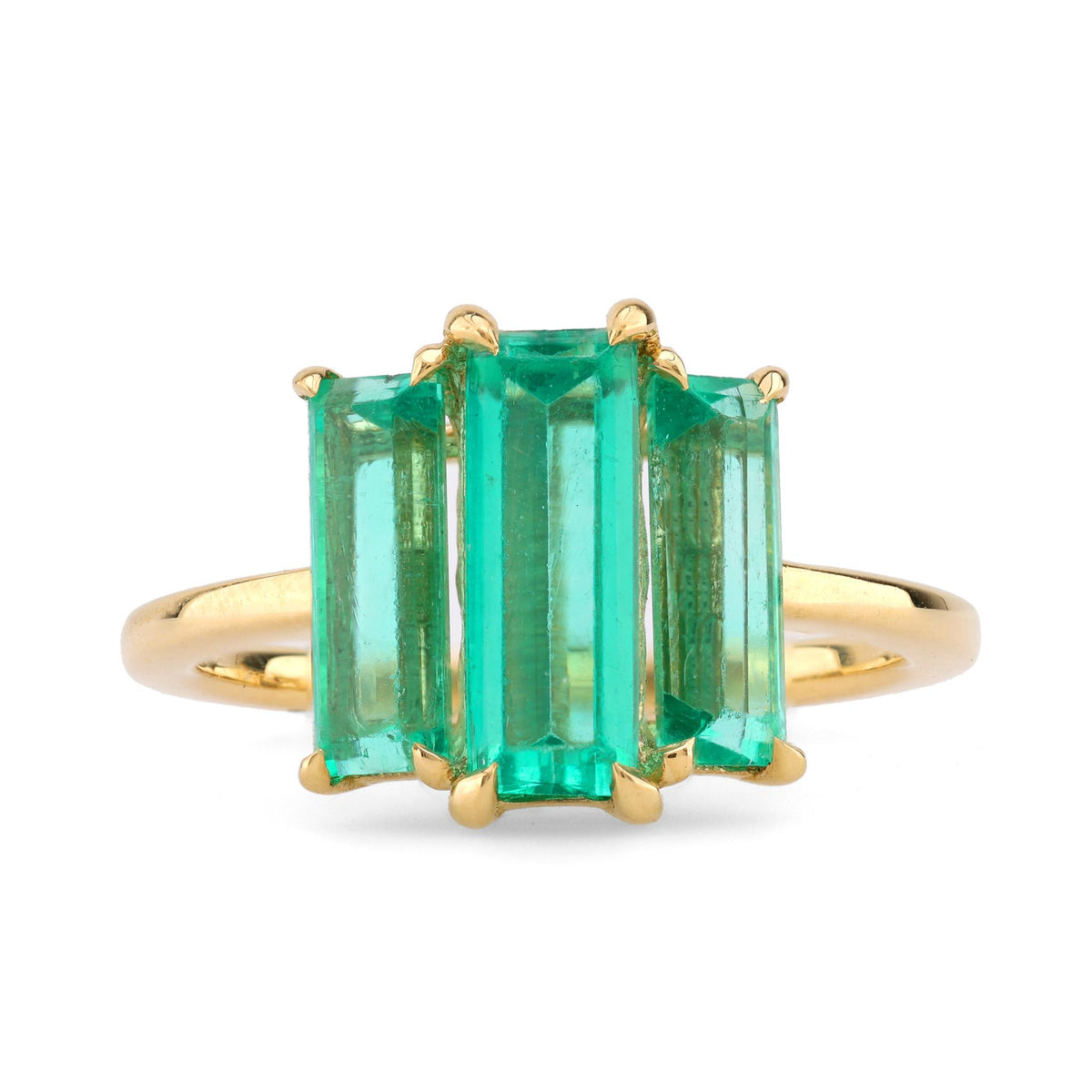 Mid Century Style GIA 2.5 Carat Emerald 18K Yellow Gold Three Stone Ring