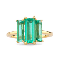 Mid Century Style GIA 2.5 Carat Emerald 18K Yellow Gold Three Stone Ring