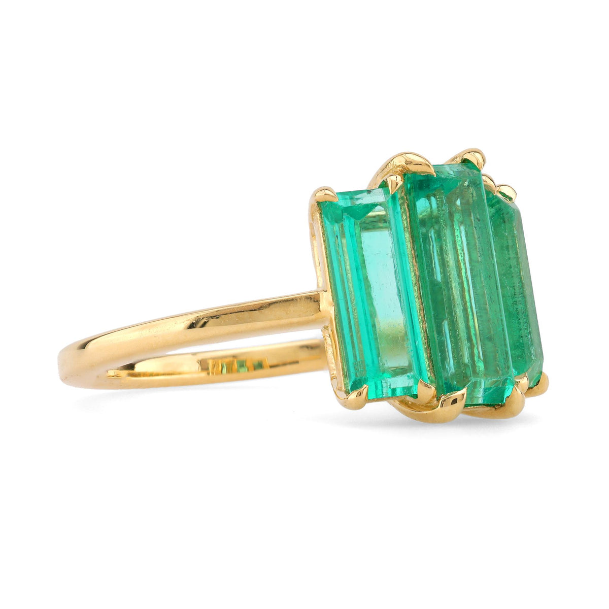 Mid Century Style GIA 2.5 Carat Emerald 18K Yellow Gold Three Stone Ring