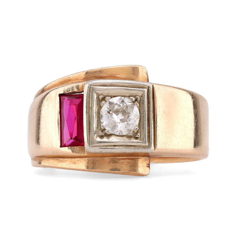 Retro Synthetic Ruby Diamond 14K Yellow Gold Band