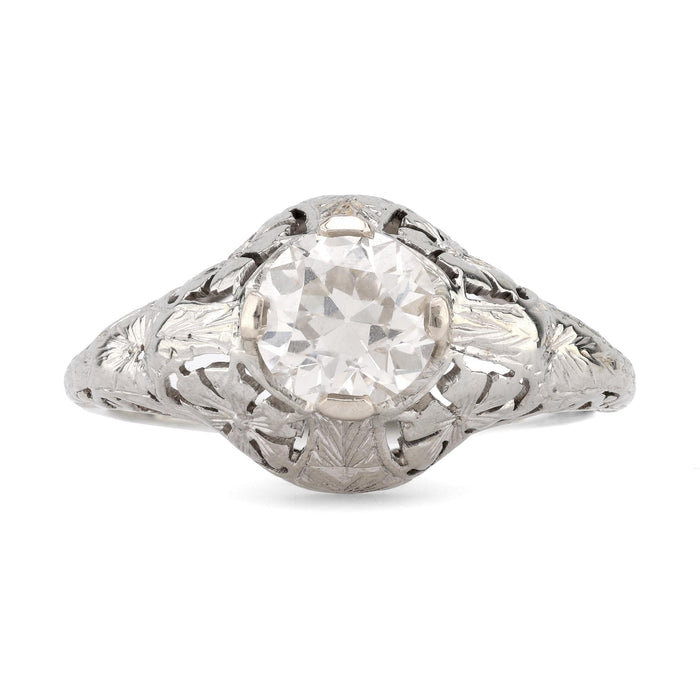 Art Deco GIA 1.23 Carat Diamond 18K White Gold Engagement Filigree Ring