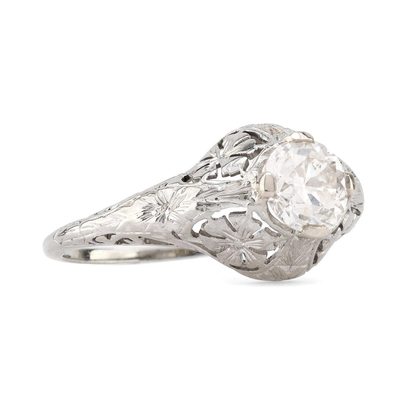 Art Deco GIA 1.23 Carat Diamond 18K White Gold Engagement Filigree Ring