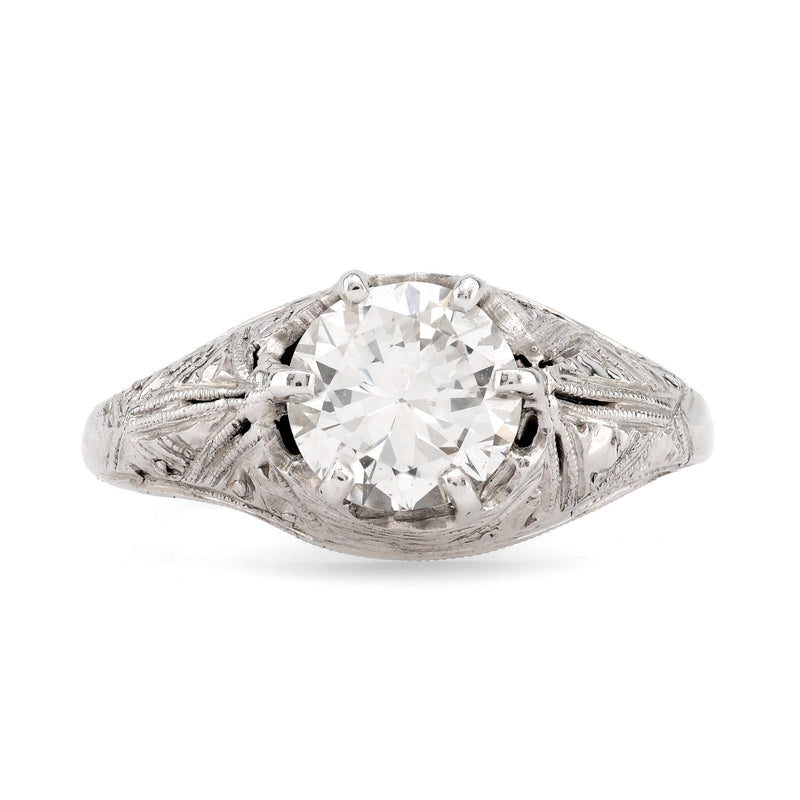 Art Deco Diamond Platinum Solitaire Engagement Filigree Ring