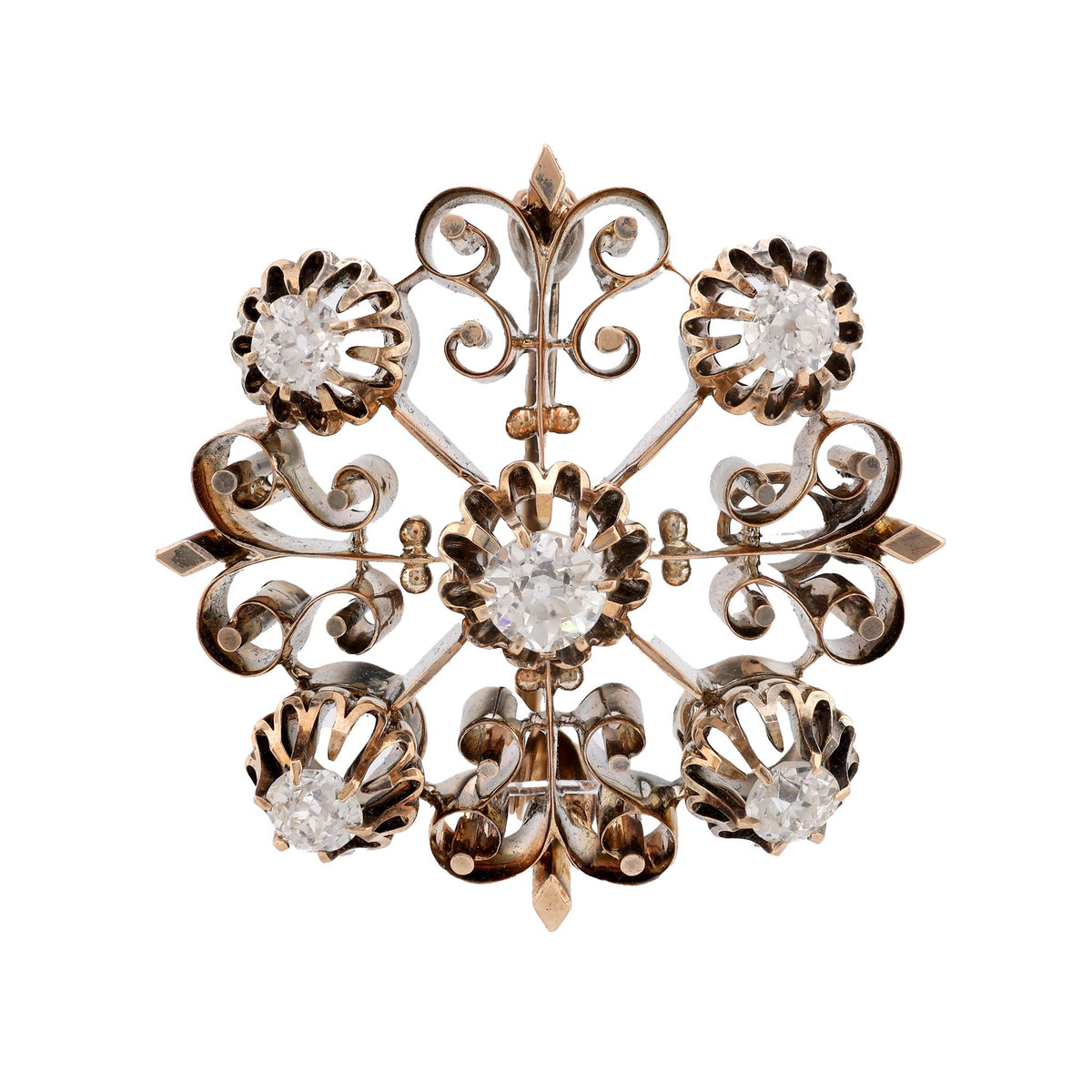 Antique Diamond 14K Rose Gold and Silver Brooch