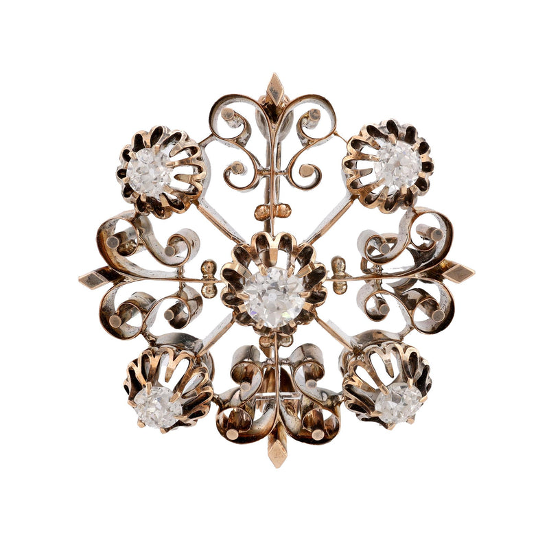 Antique Diamond 14K Rose Gold and Silver Brooch