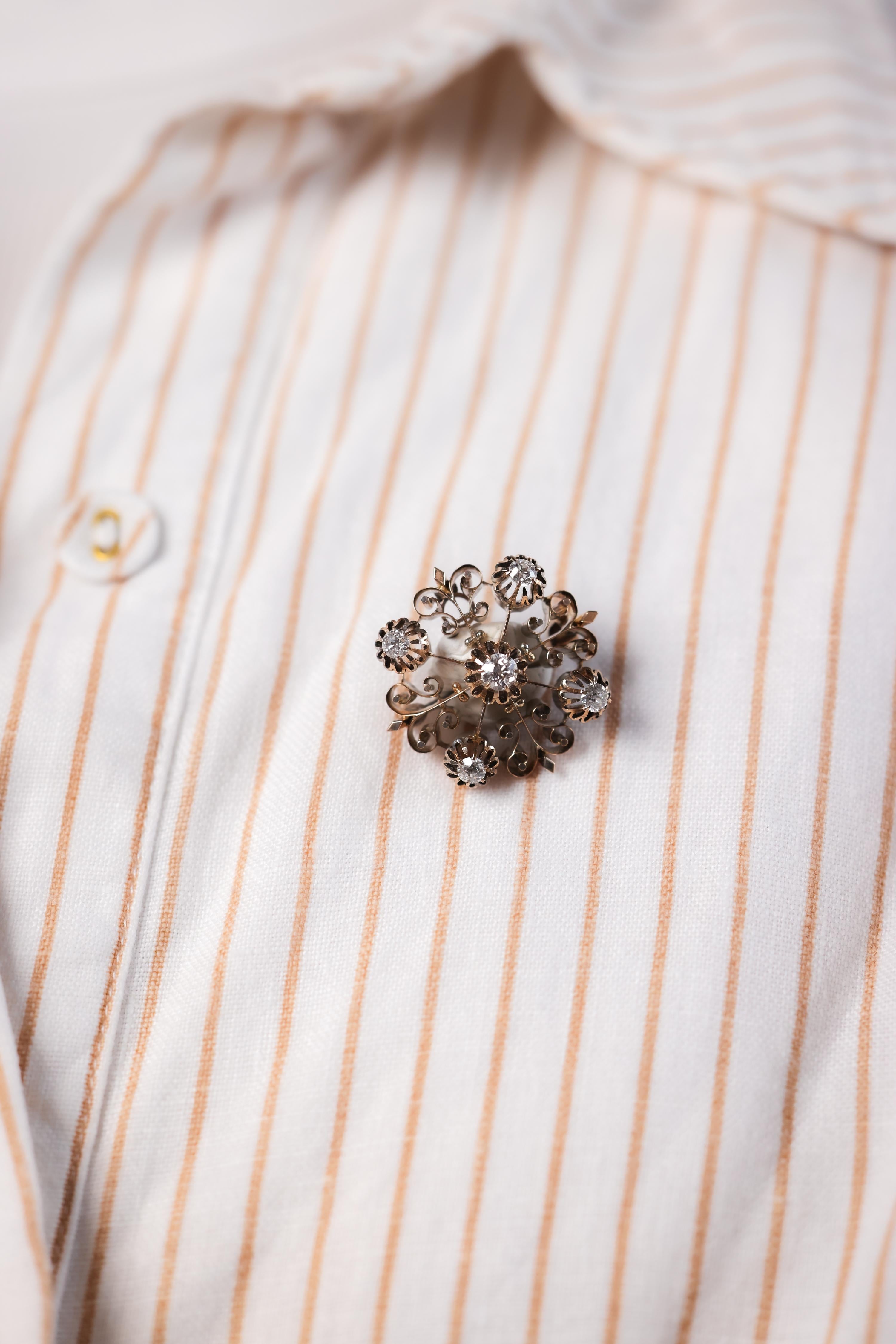Antique Diamond 14K Rose Gold and Silver Brooch