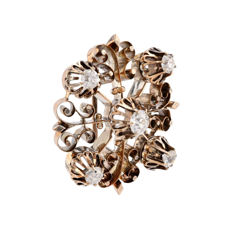 Antique Diamond 14K Rose Gold and Silver Brooch