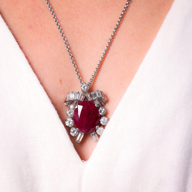 Mid Century 11.6 Carat Burma No Heat Ruby Diamond Platinum Necklace