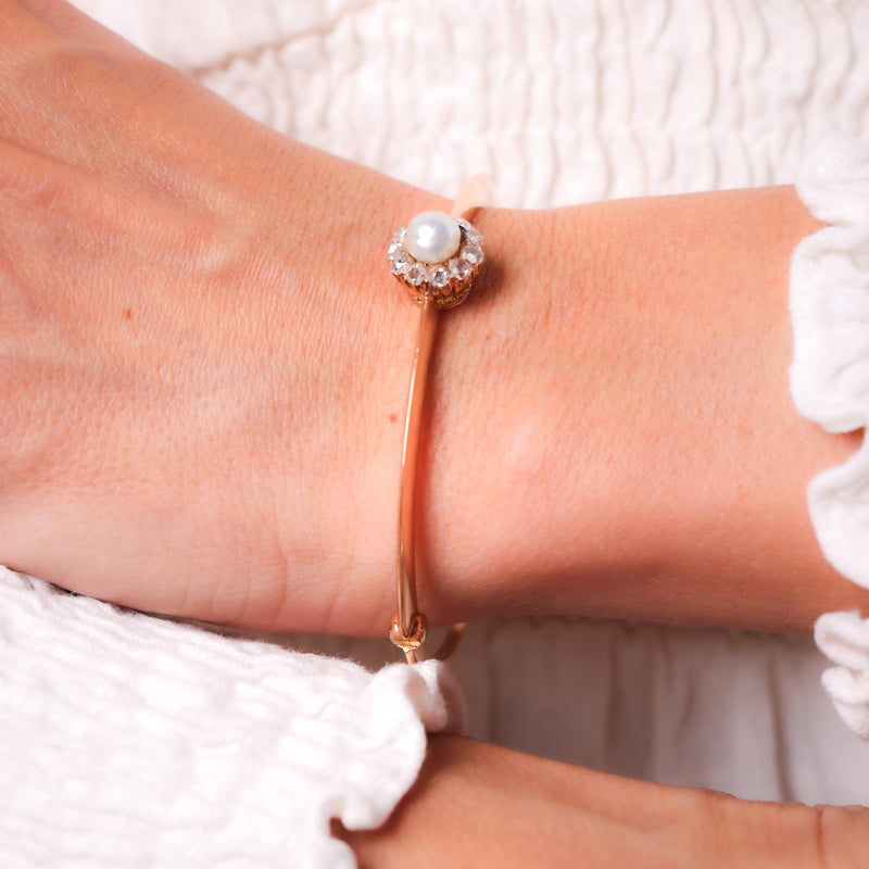 Victorian Pearl Rose Cut Diamond 18K Rose Gold Bangle