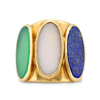 Vintage Lapis Lazuli Chrysoprase Quatrz 18K Yellow Gold Three Stone Ring