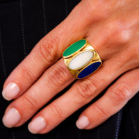 Vintage Lapis Lazuli Chrysoprase Quatrz 18K Yellow Gold Three Stone Ring