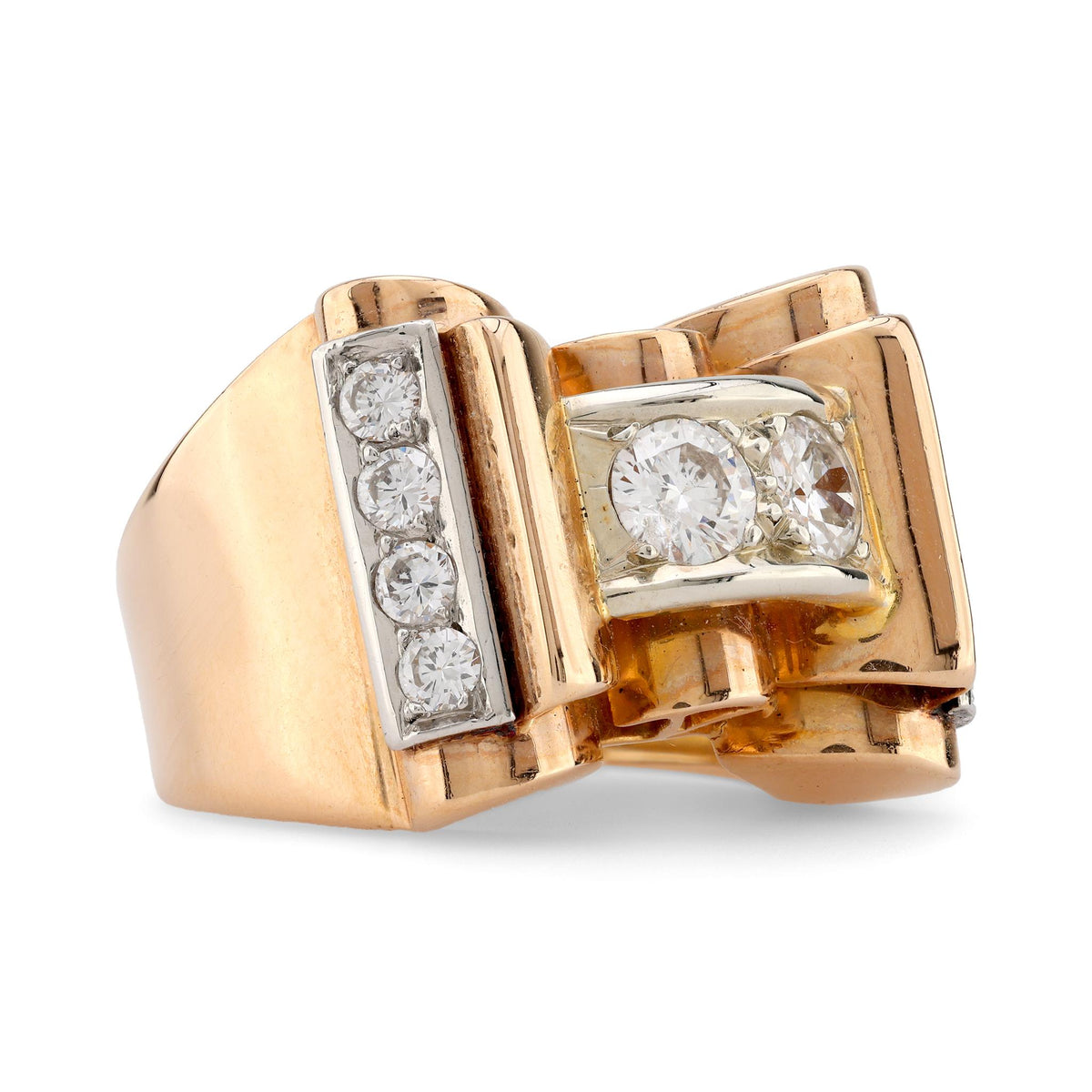 Retro French Diamond 18K Rose Gold Tank Ring