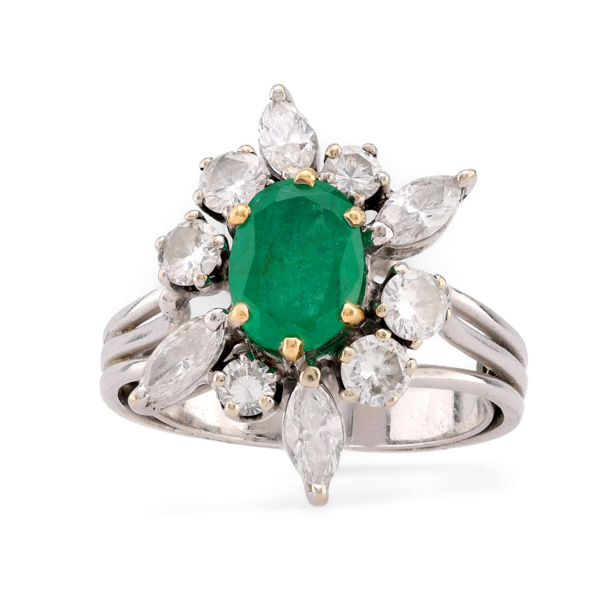 Mid Century French Emerald Diamond 18K White Gold Spray Cluster Ring