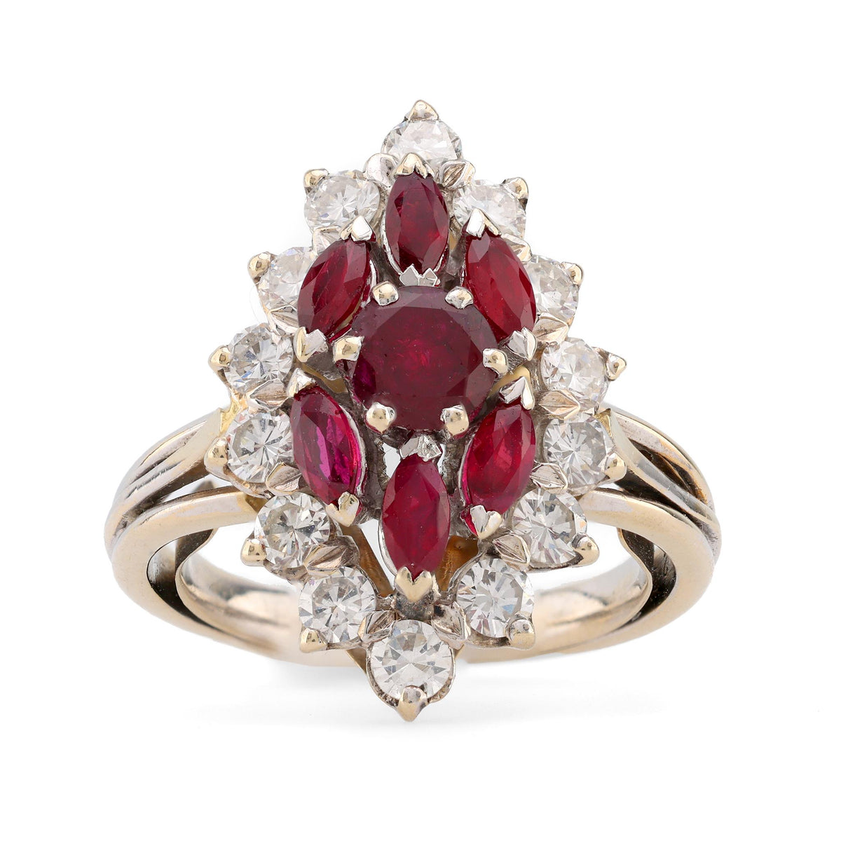 Mid Century French Ruby Diamond 18K White Gold Navette Ring