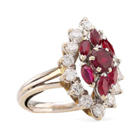 Mid Century French Ruby Diamond 18K White Gold Navette Ring