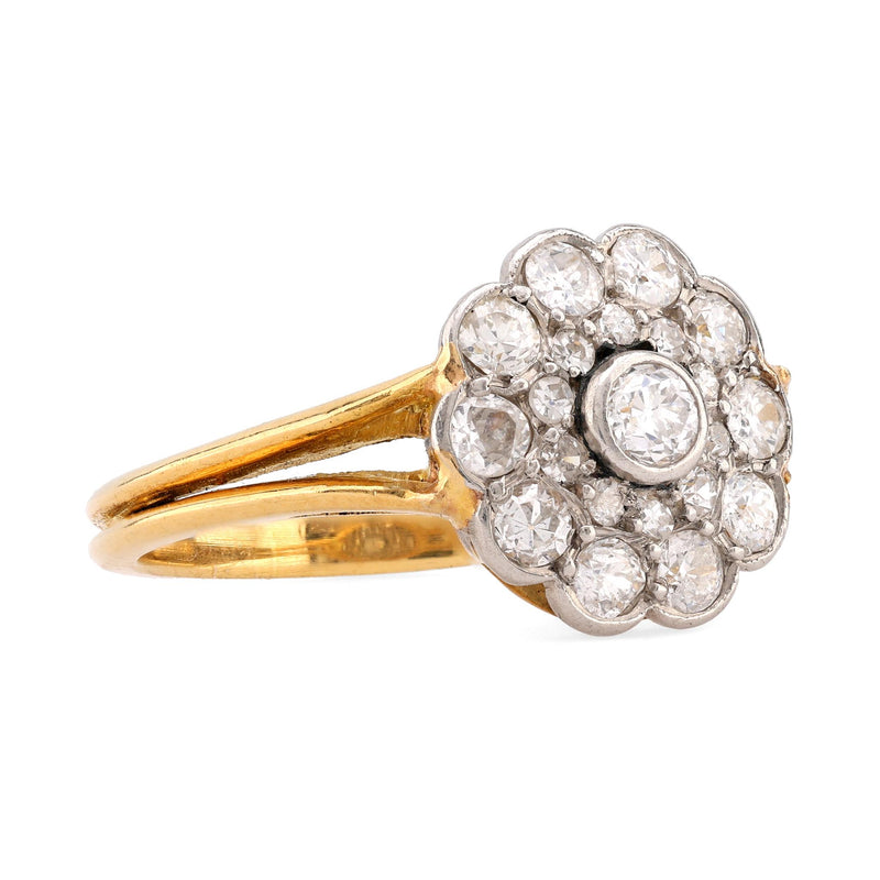 Edwardian French Diamond 18K Yellow Gold Cluster Ring