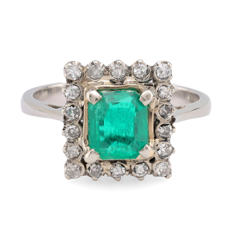 Mid Century GIA 1.1 Carat Emerald Diamond 18K Yellow Gold Cluster Ring