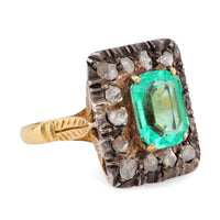 Victorian GIA 3 Carat Emerald Diamond 18K Yellow Gold Silver Square Ring